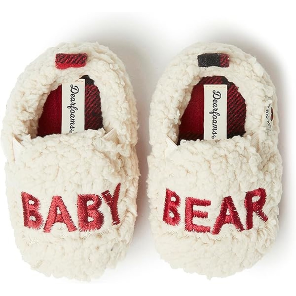 NWT Dearfoams Baby Bear Cream and Red Baby Booties Size 0-3 Months